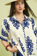 Cream/Blue Abstract Top