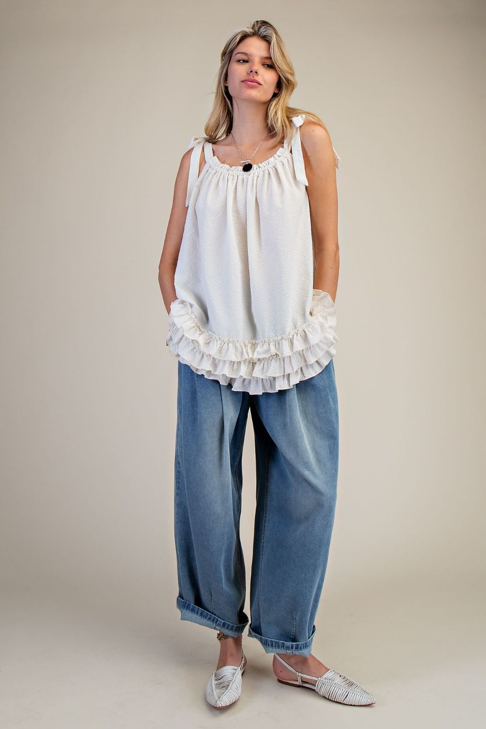 Ivory Tie Shoulder Ruffle Tunic