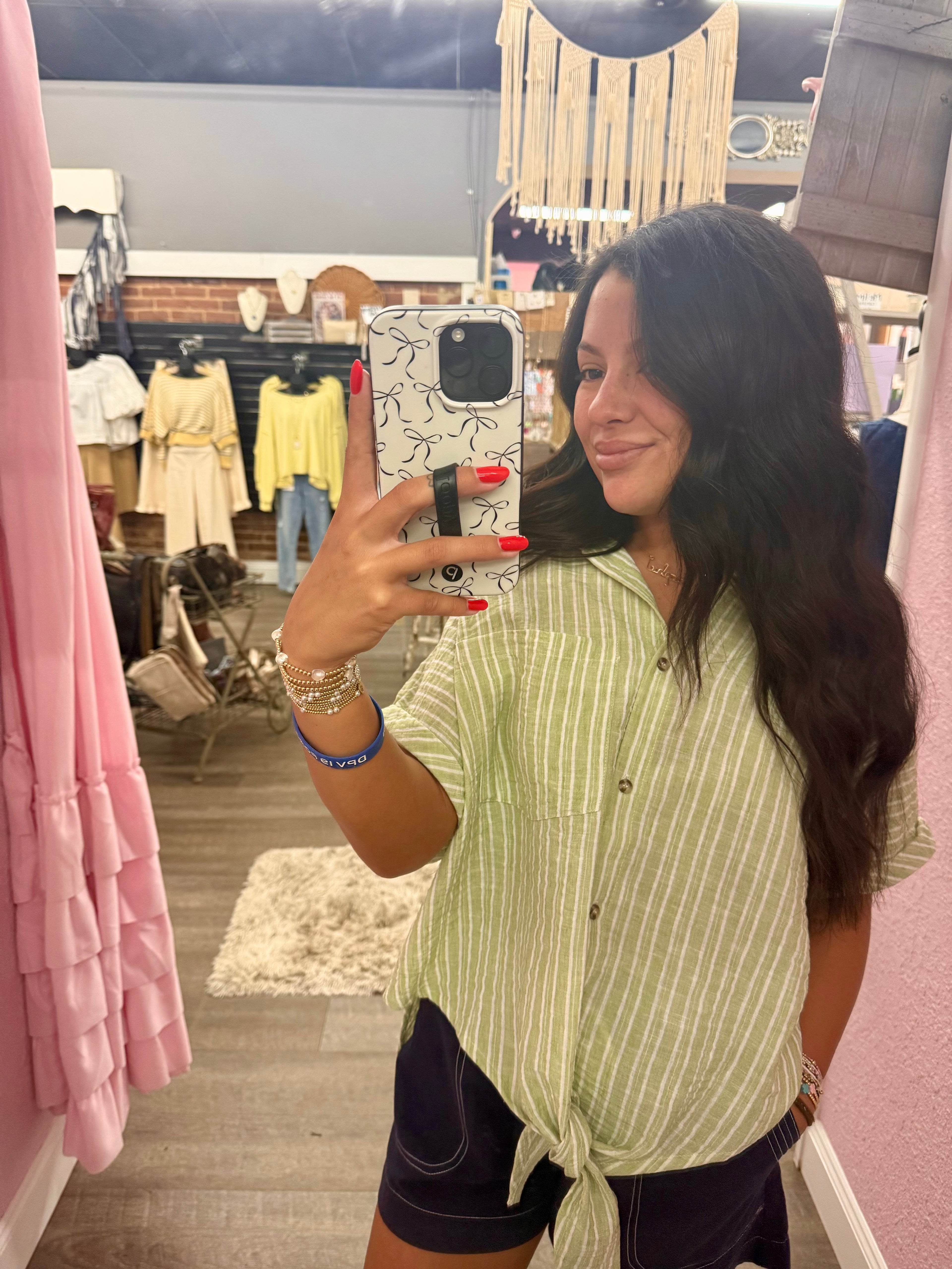 Front Tie Striped Linen Button Down