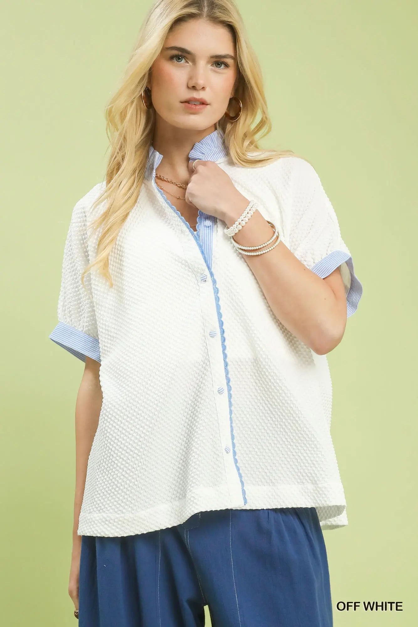 Curvy Blue & White Textured Button Down
