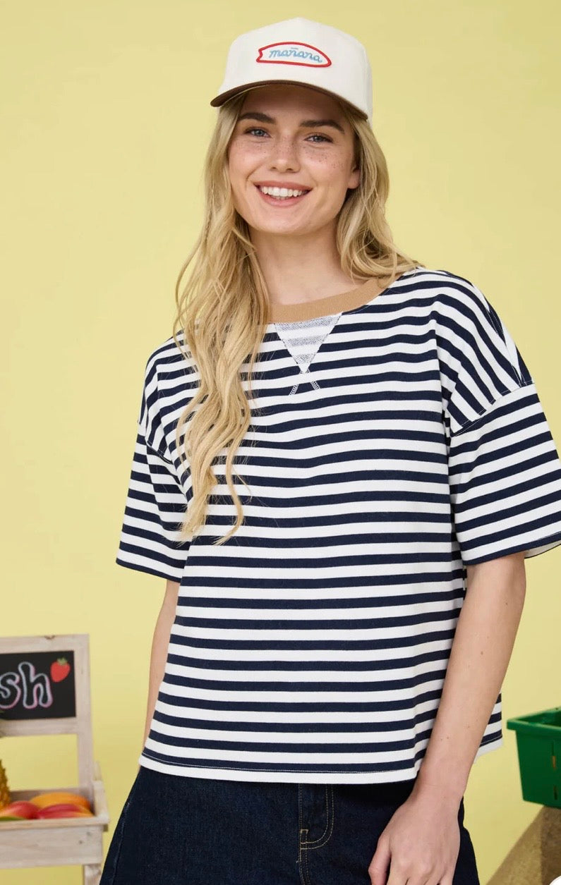 Navy STRIPE COLORBLOCK DETAIL SHORT SLEEVE KNIT T-SHIRT