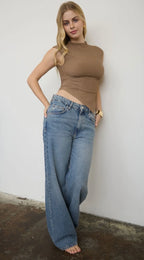 MOCHA ASYMMETRICAL HEM MOCK NECK SLEEVELESS KNIT TOP