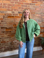 Green Button Down Washed Terry Jacket