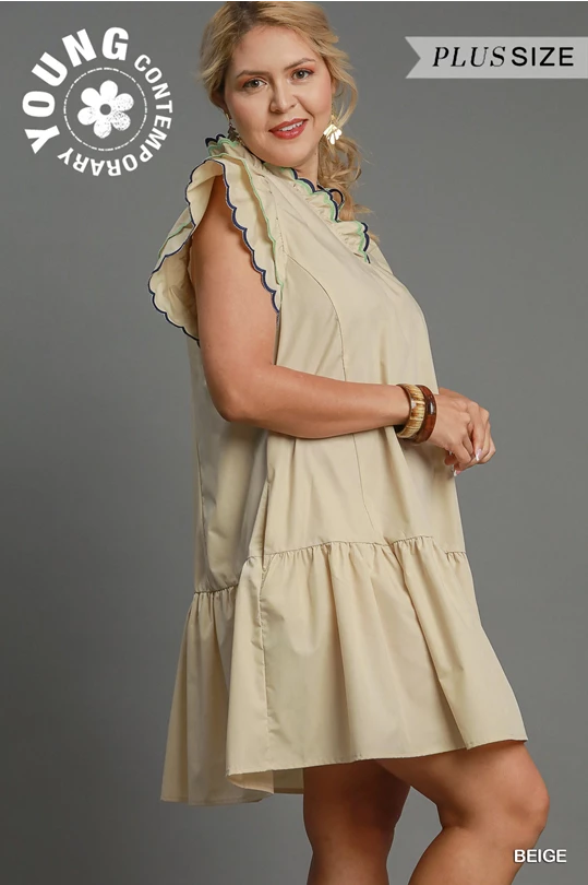 Curvy Beige Scalloped Sleeve Dress