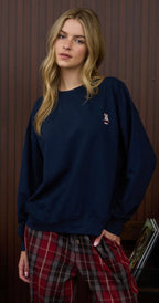NAVY LONG SLEEVE TEDDY EMBROIDERY KNIT TOP