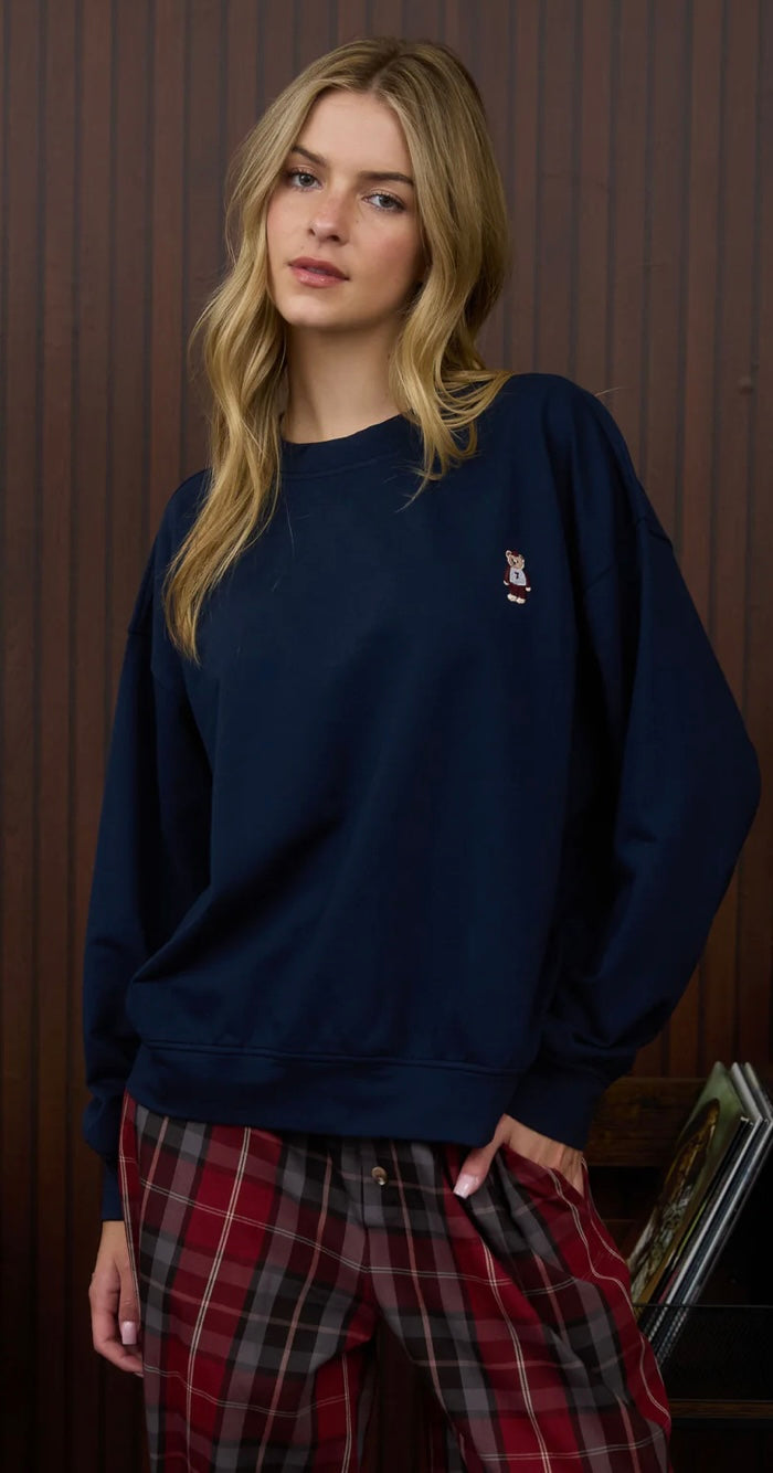 NAVY LONG SLEEVE TEDDY EMBROIDERY KNIT TOP