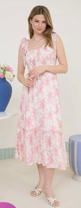 Mauve FLORAL SMOCKED SWEETHEART RUFFLE TRIM MIDI DRESS