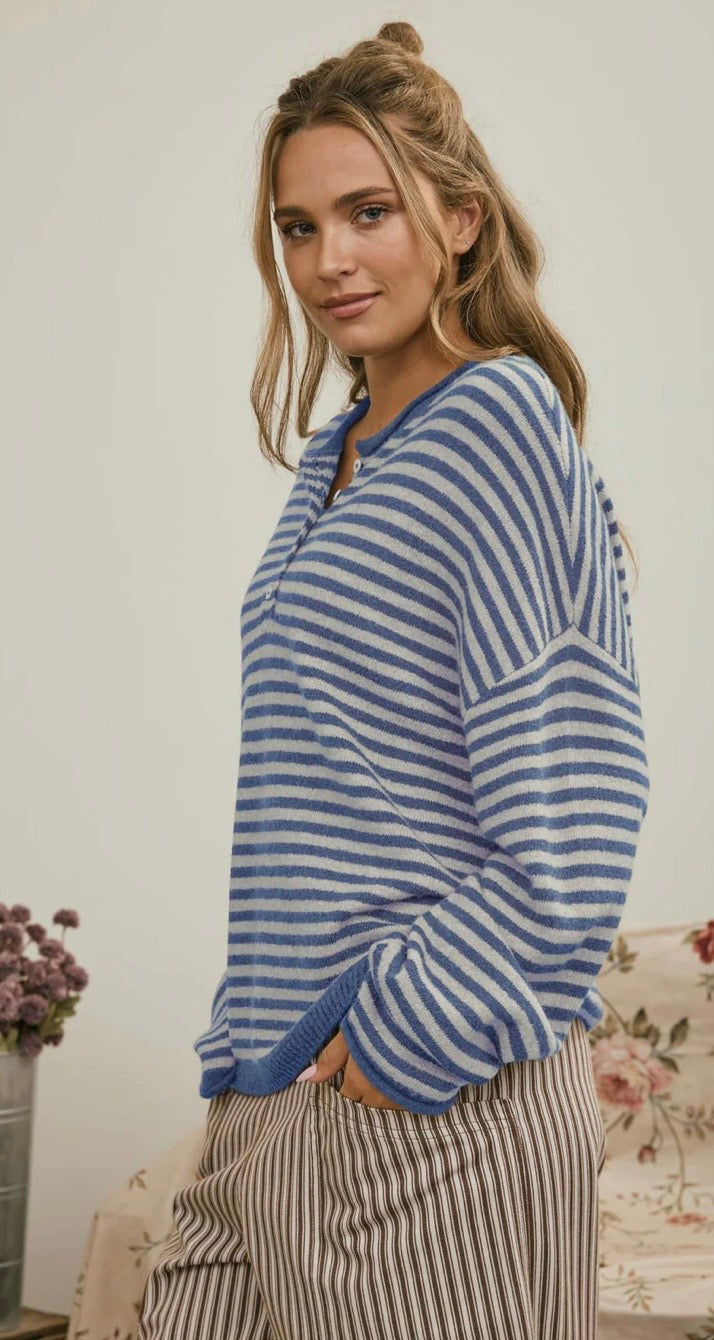 Blue Stripe Henley Sweater Pullover