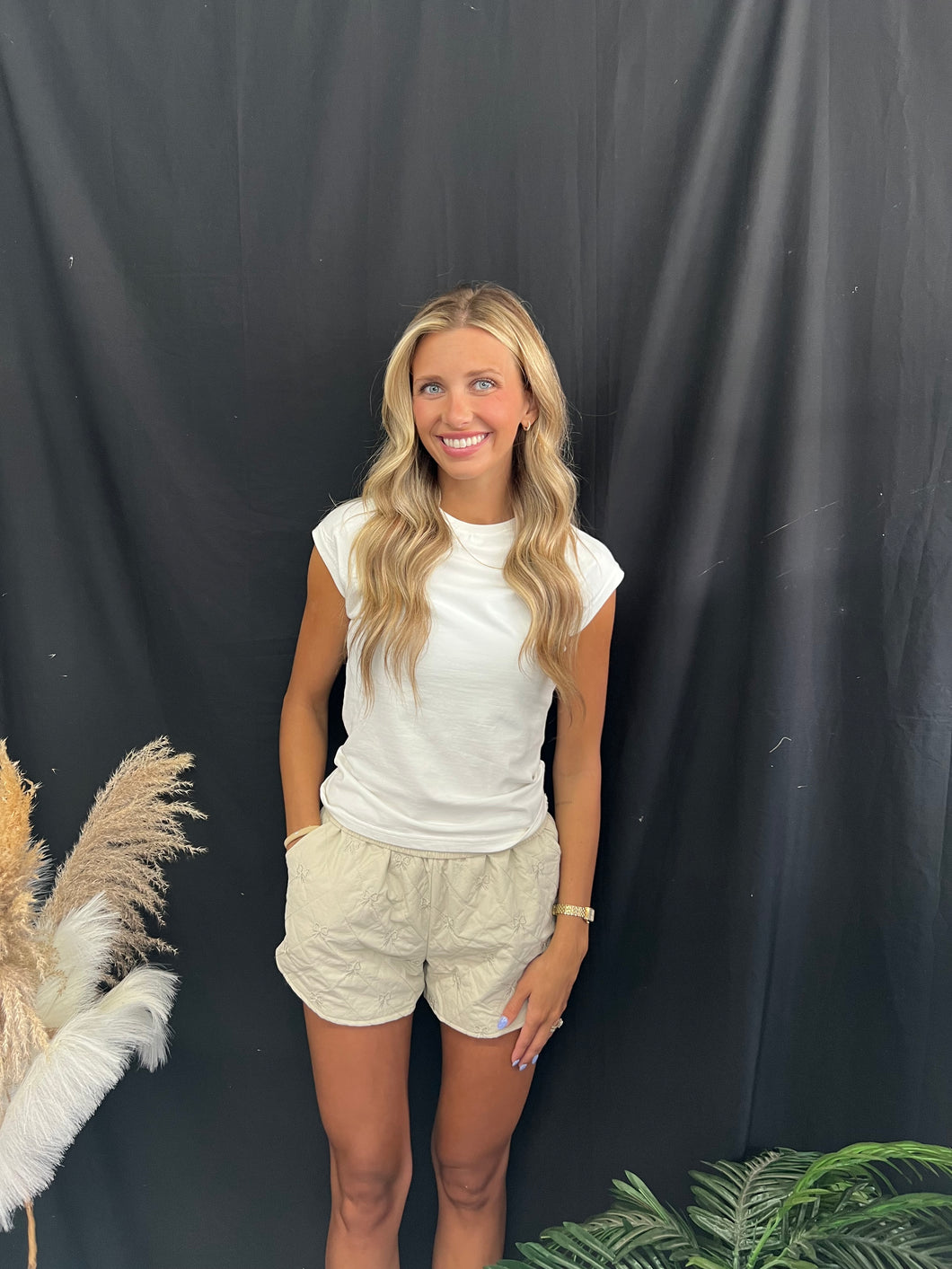 Cream Bow Quilted Shorts