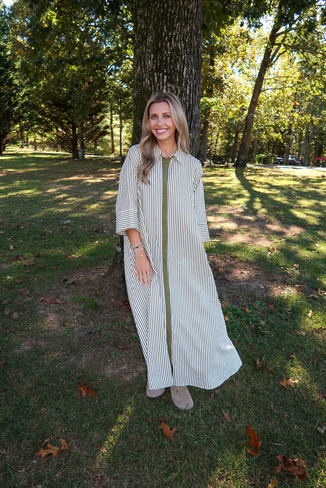 Olive Striped Long Dress