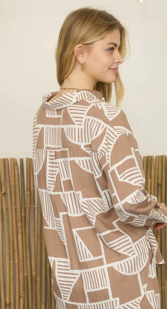 Mocha Abstract Collared Top