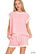 Pink Striped Contrast Shorts Set