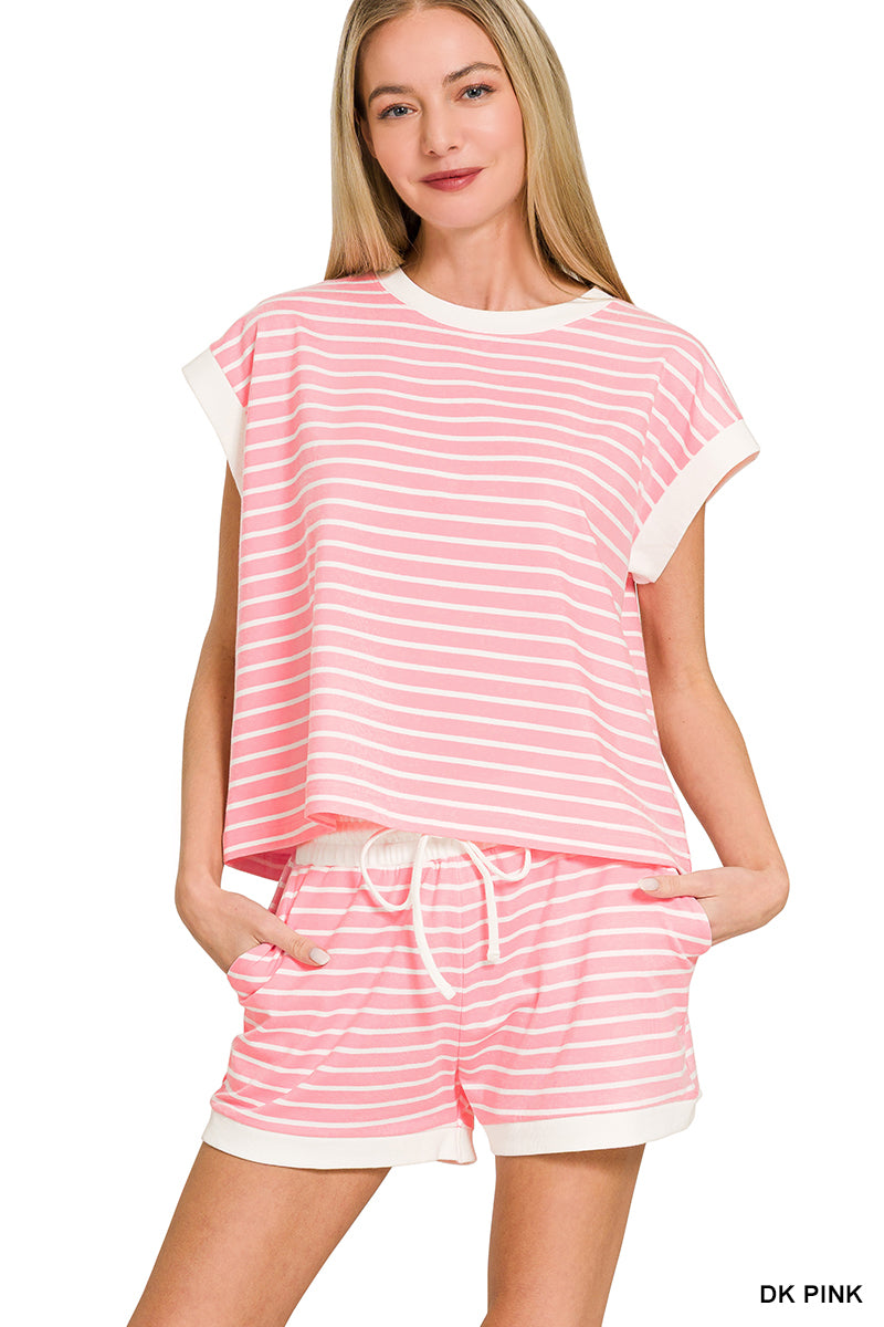 Pink Striped Contrast Shorts Set