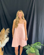 PINK Braid Spaghetti with Bow Detail Washed Denim Mini Dress