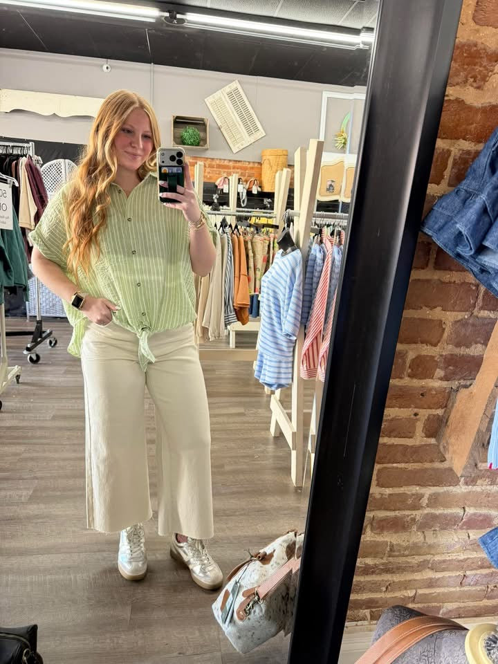 Front Tie Striped Linen Button Down