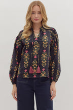 Navy  Longsleeve Split Neck Tassel Tie Closure