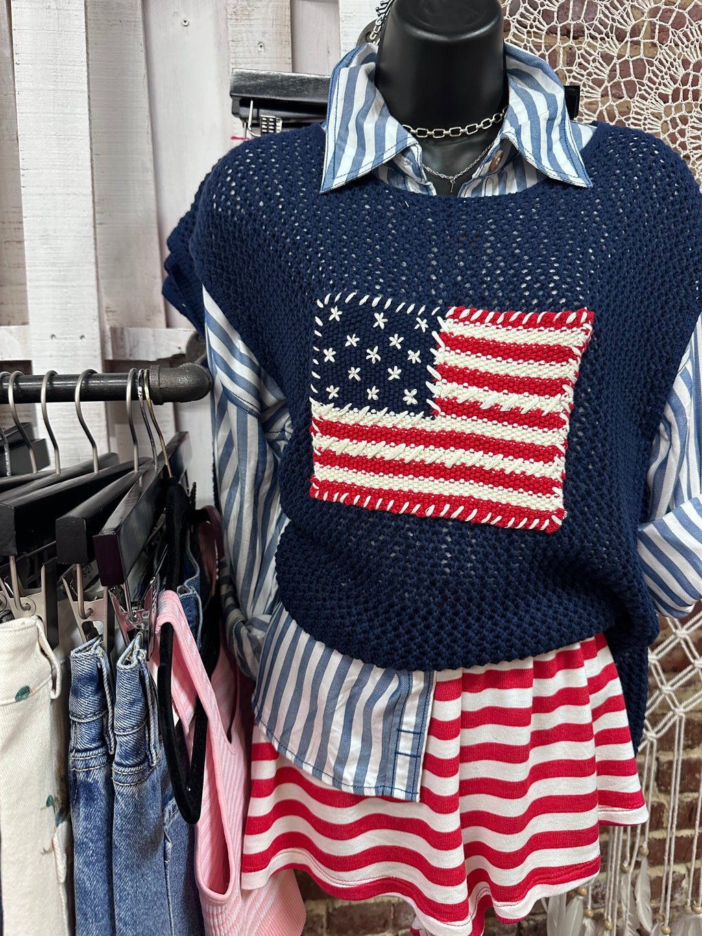 Navy Knit Patriotic Cap Sleeve