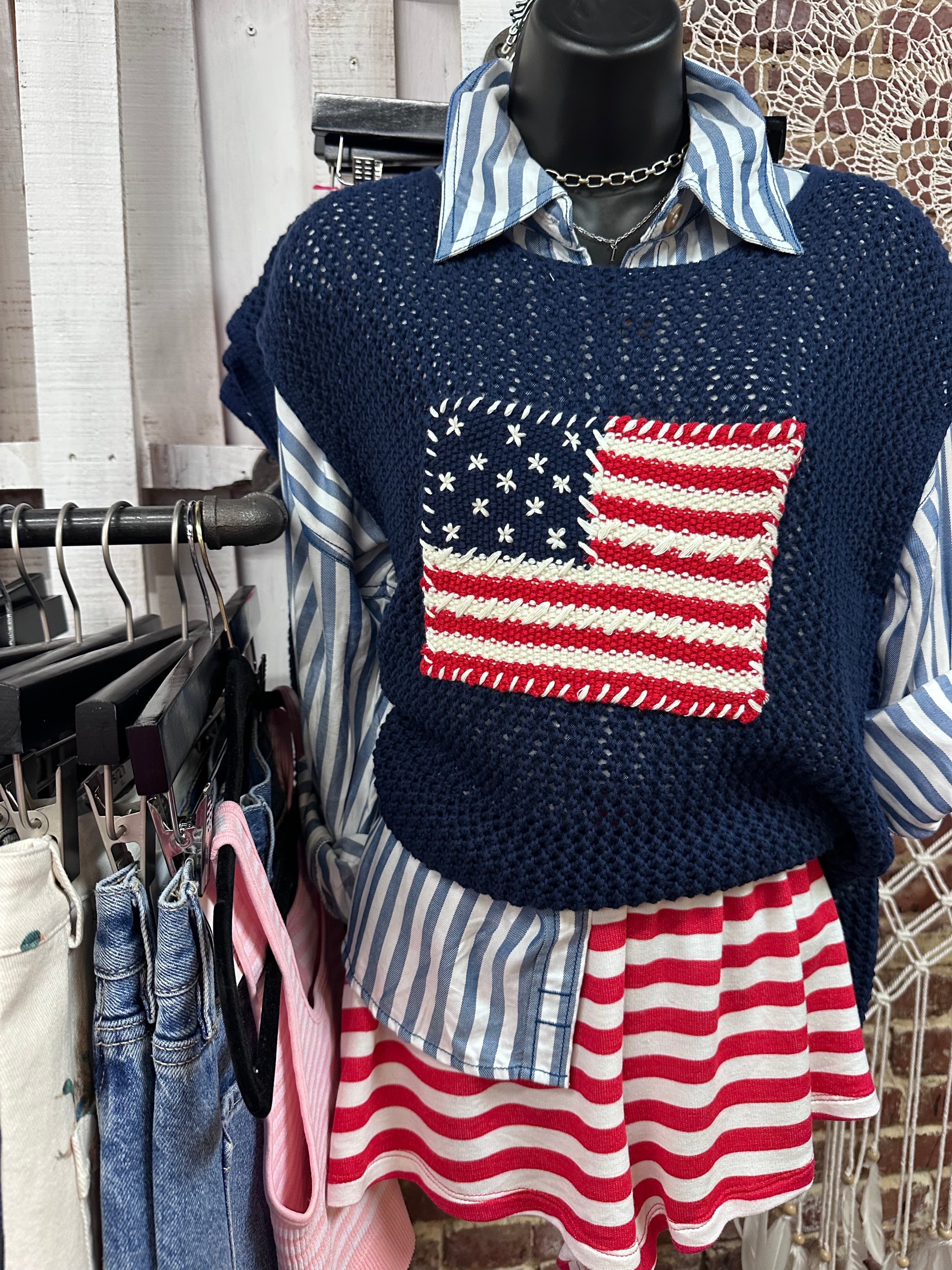 Navy Knit Patriotic Cap Sleeve