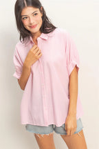 Pink Pinstripe Short Sleeve Button Up