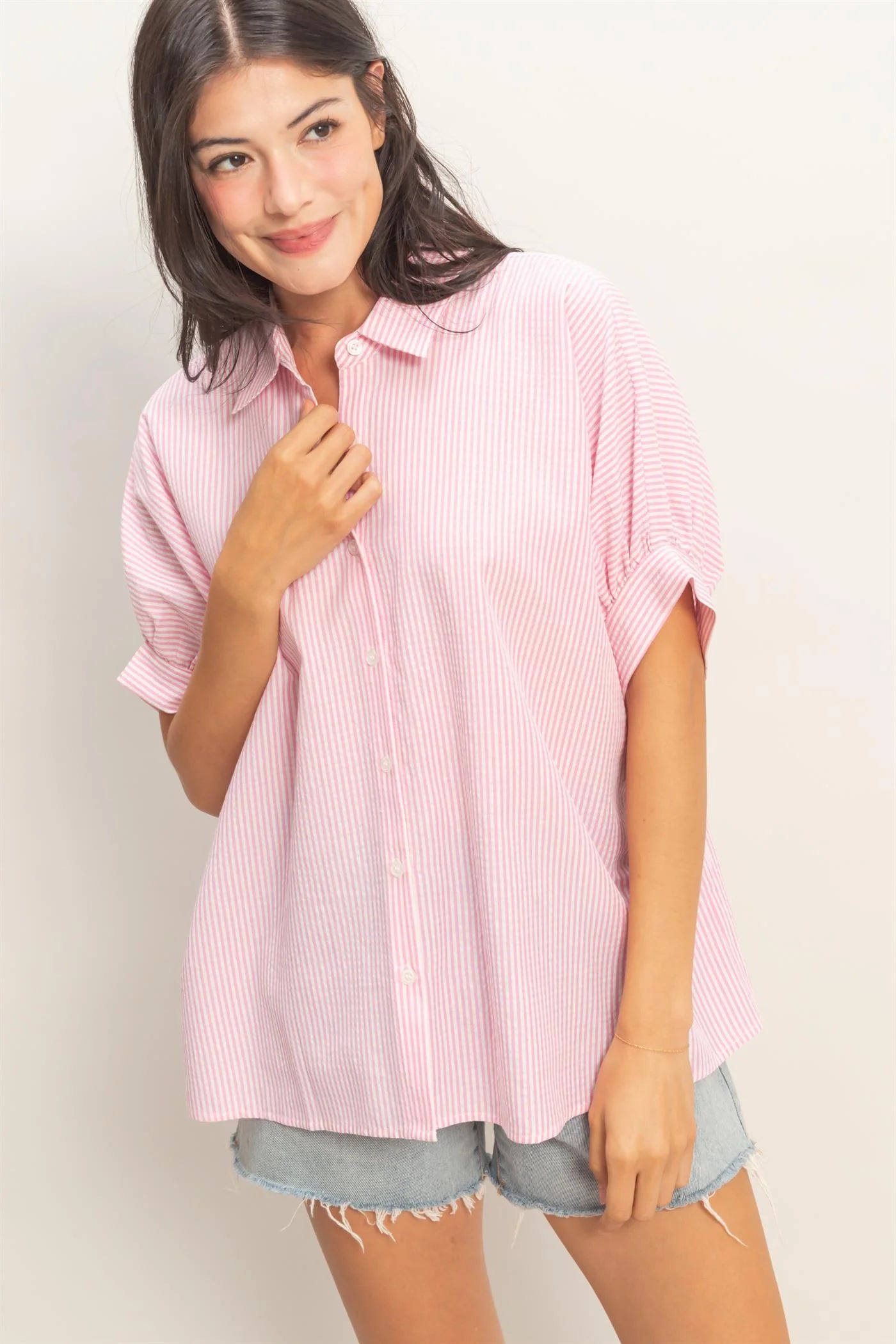 Pink Pinstripe Short Sleeve Button Up