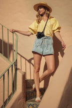 Denim Pintuck Flare Shorts