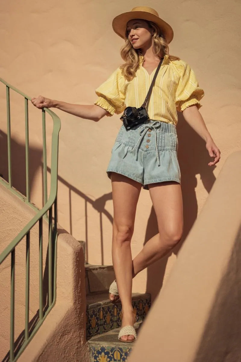 Denim Pintuck Flare Shorts
