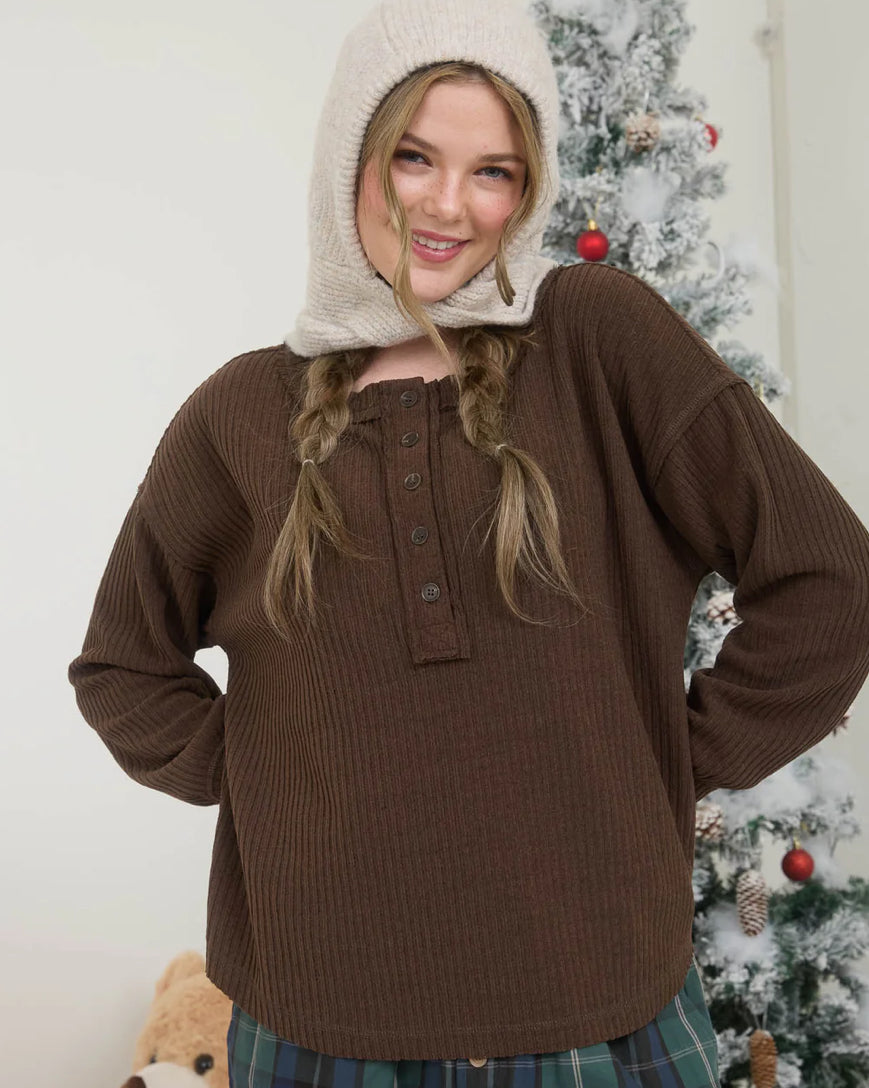 Brown Ribbed Henley Top