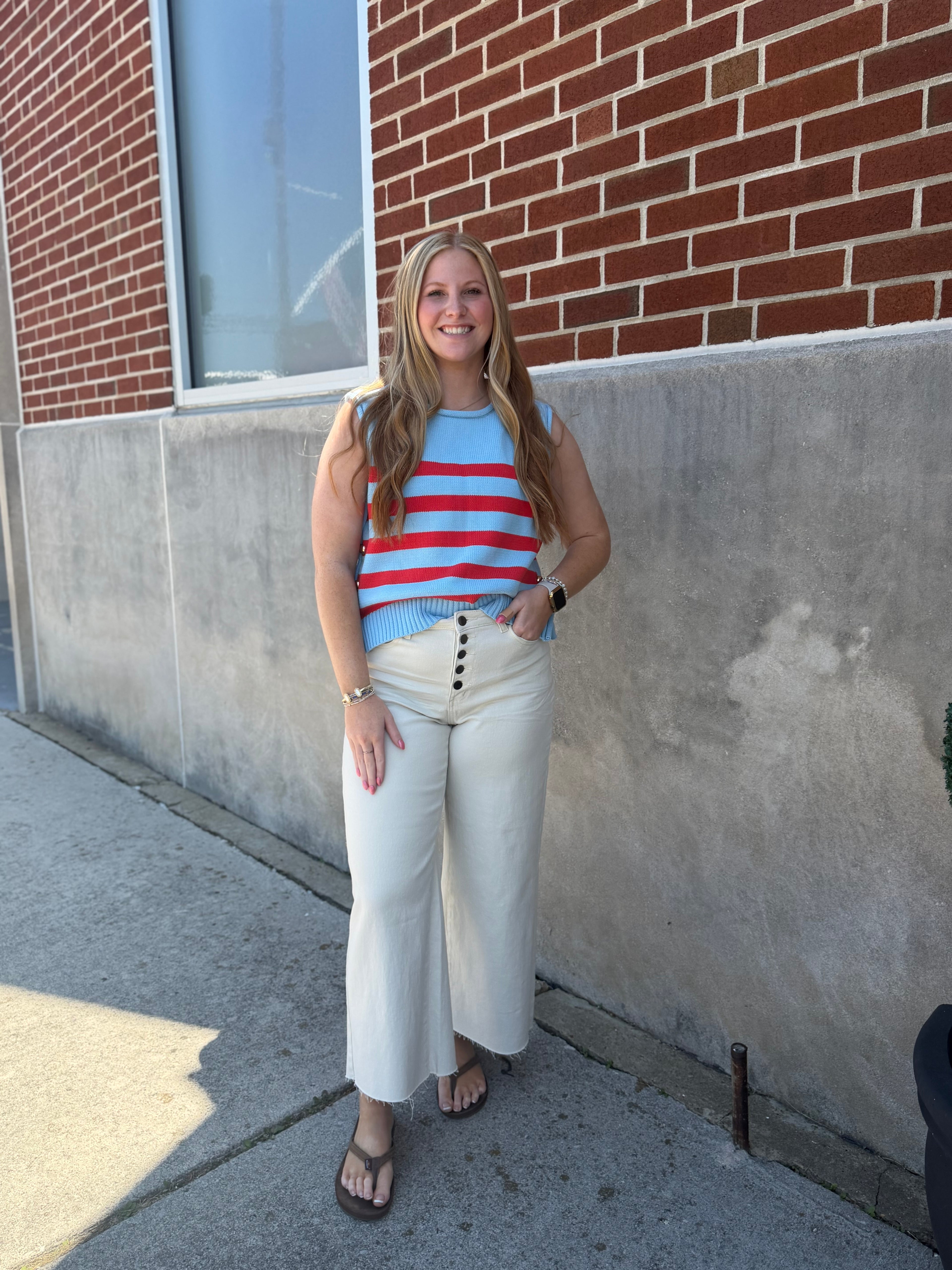 Blue Striped Sleeveless Knit Top