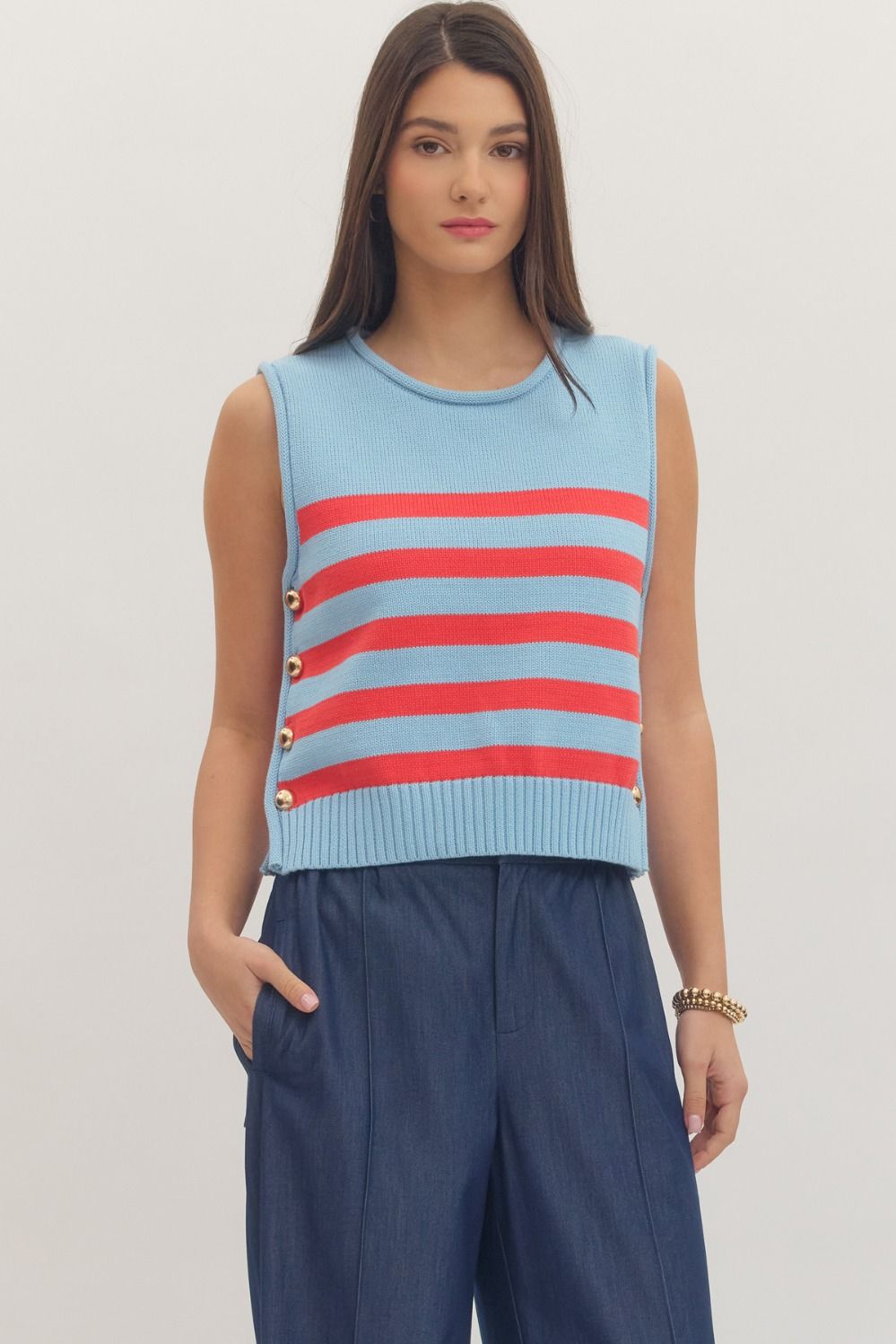 Blue Striped Sleeveless Knit Top