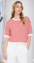 Red Stripe Knit Short Sleeve Sweater