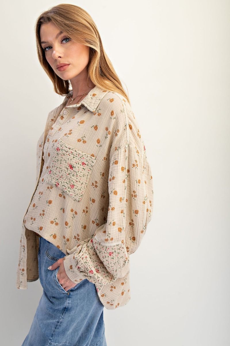 Curvy Khaki Gauze Floral Button Down