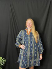 Load image into Gallery viewer, Navy Floral Standing Ruffle Neckline Dress
