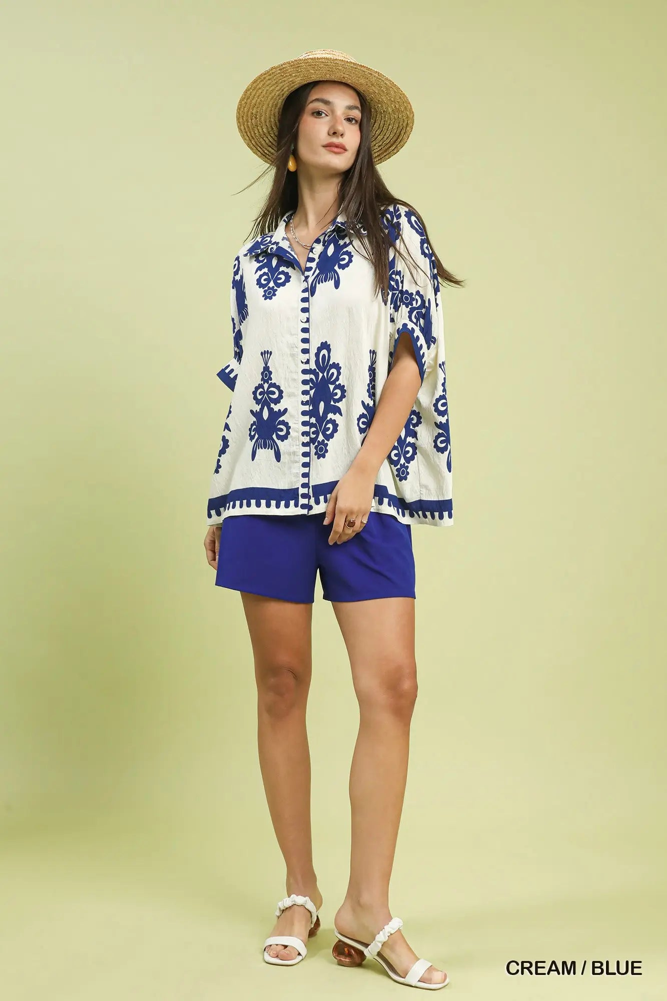 Cream/Blue Abstract Top