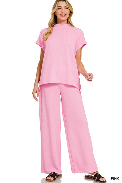 Pink Ribbed Mock Neck Set