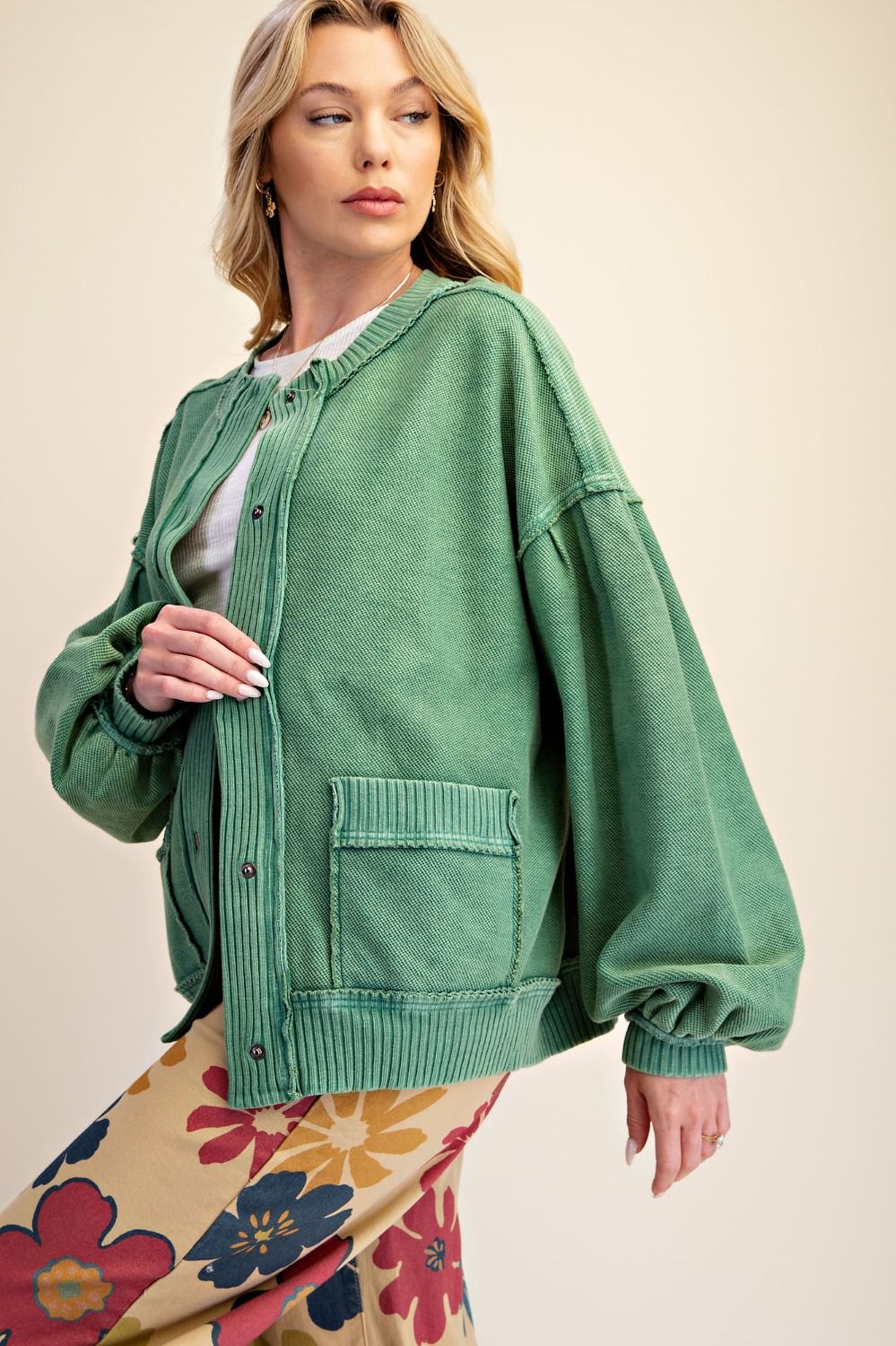 Green Button Down Washed Terry Jacket