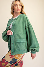 Green Button Down Washed Terry Jacket