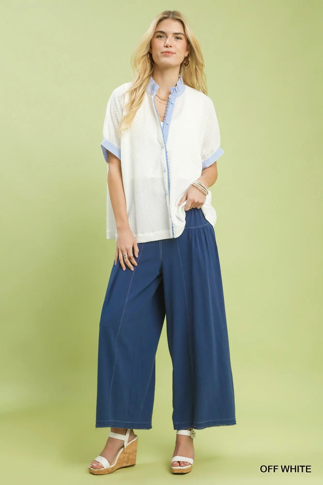 Curvy Blue & White Textured Button Down