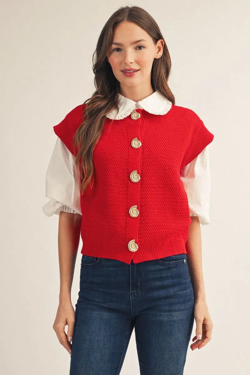 Red Vest with Shell Button Accent