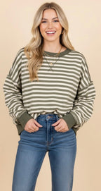 Cream/Olive Striped Crewneck