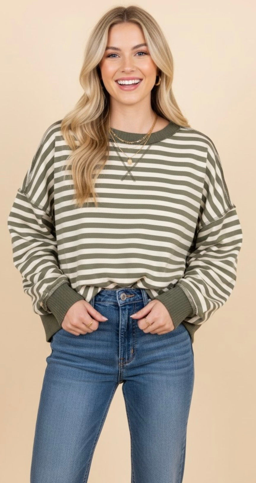 Cream/Olive Striped Crewneck