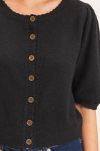 Black Puff Sleeve Button Sweater
