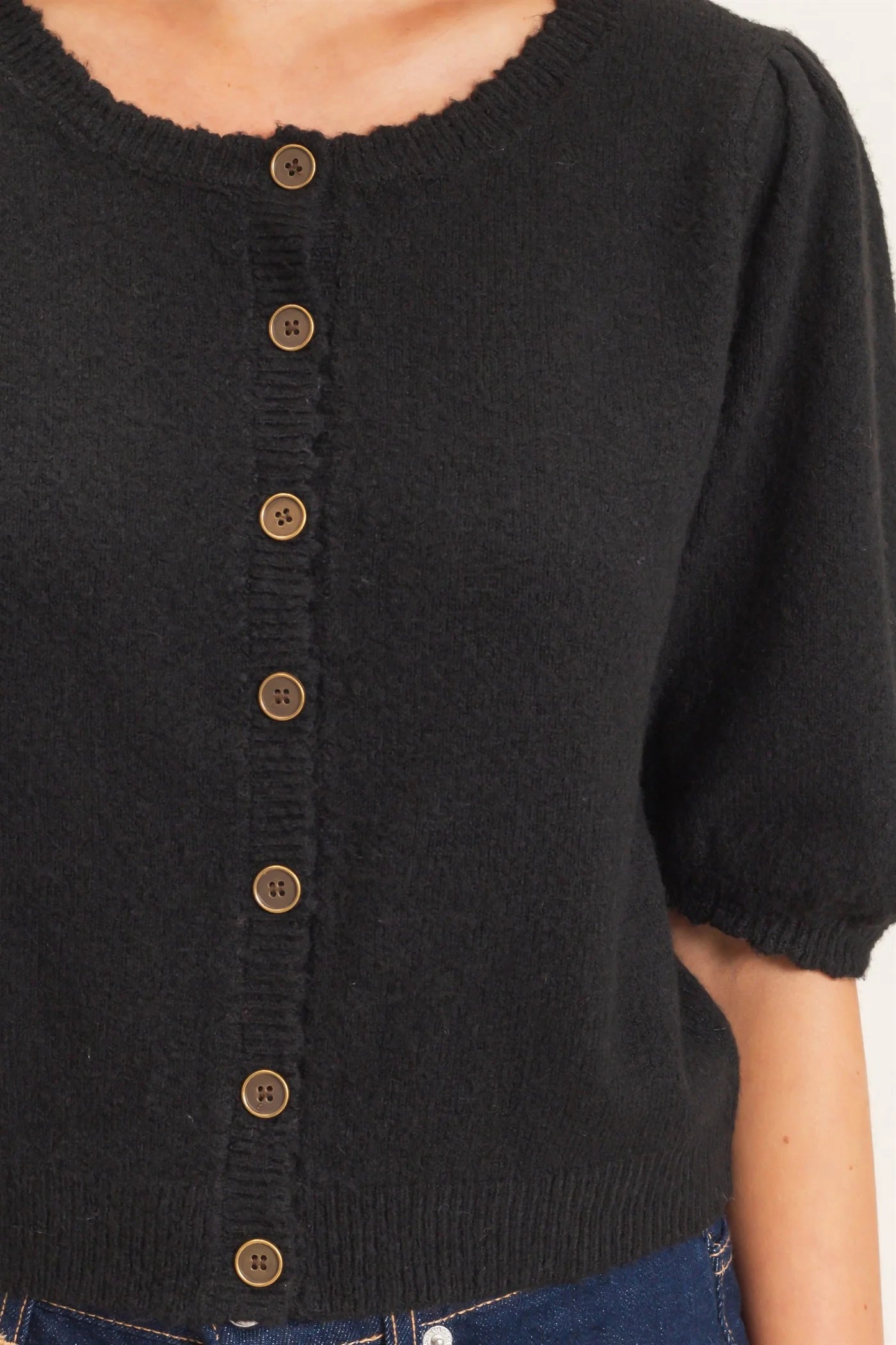 Black Puff Sleeve Button Sweater