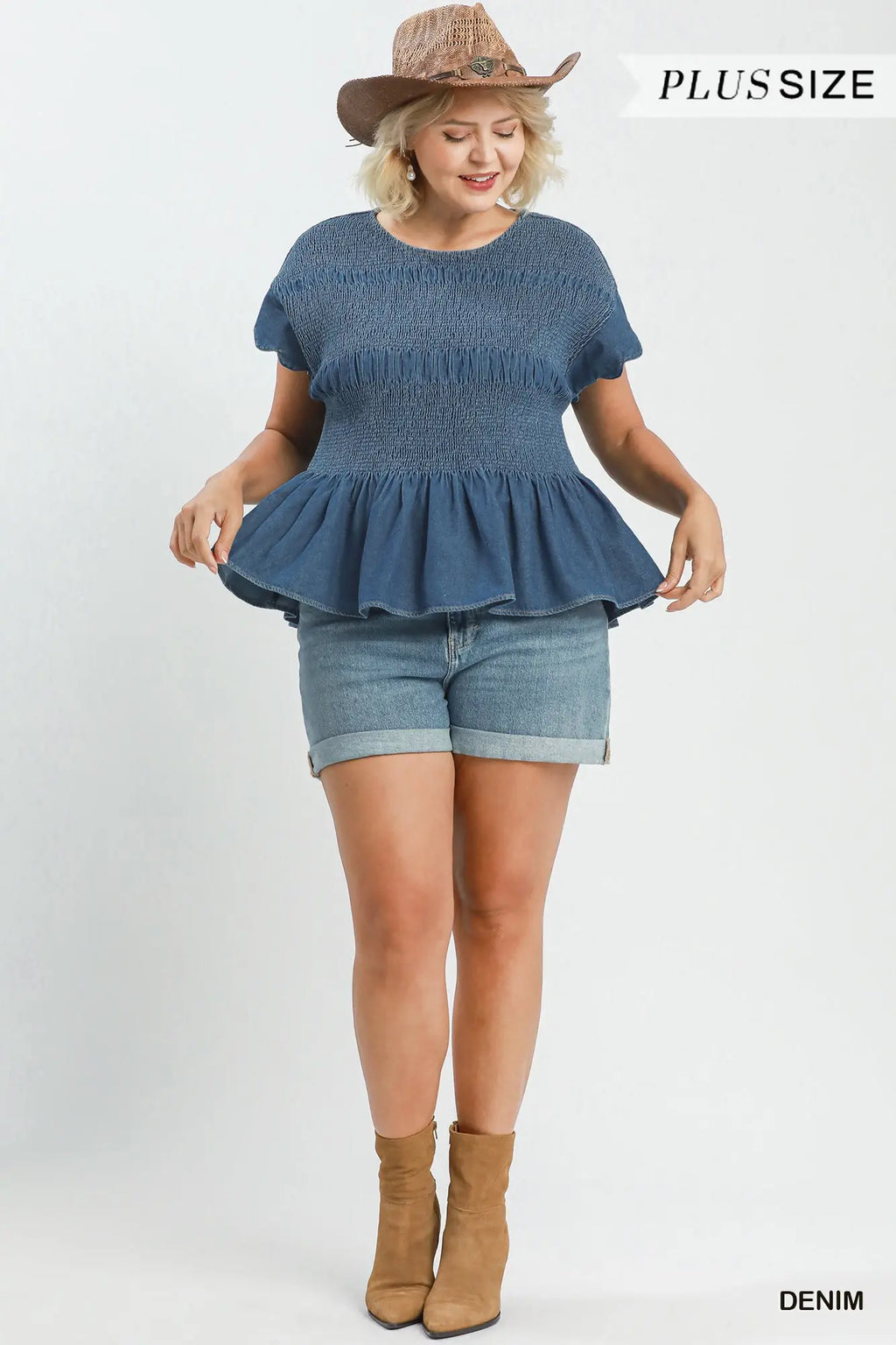 Curvy Chambray Smocked Top