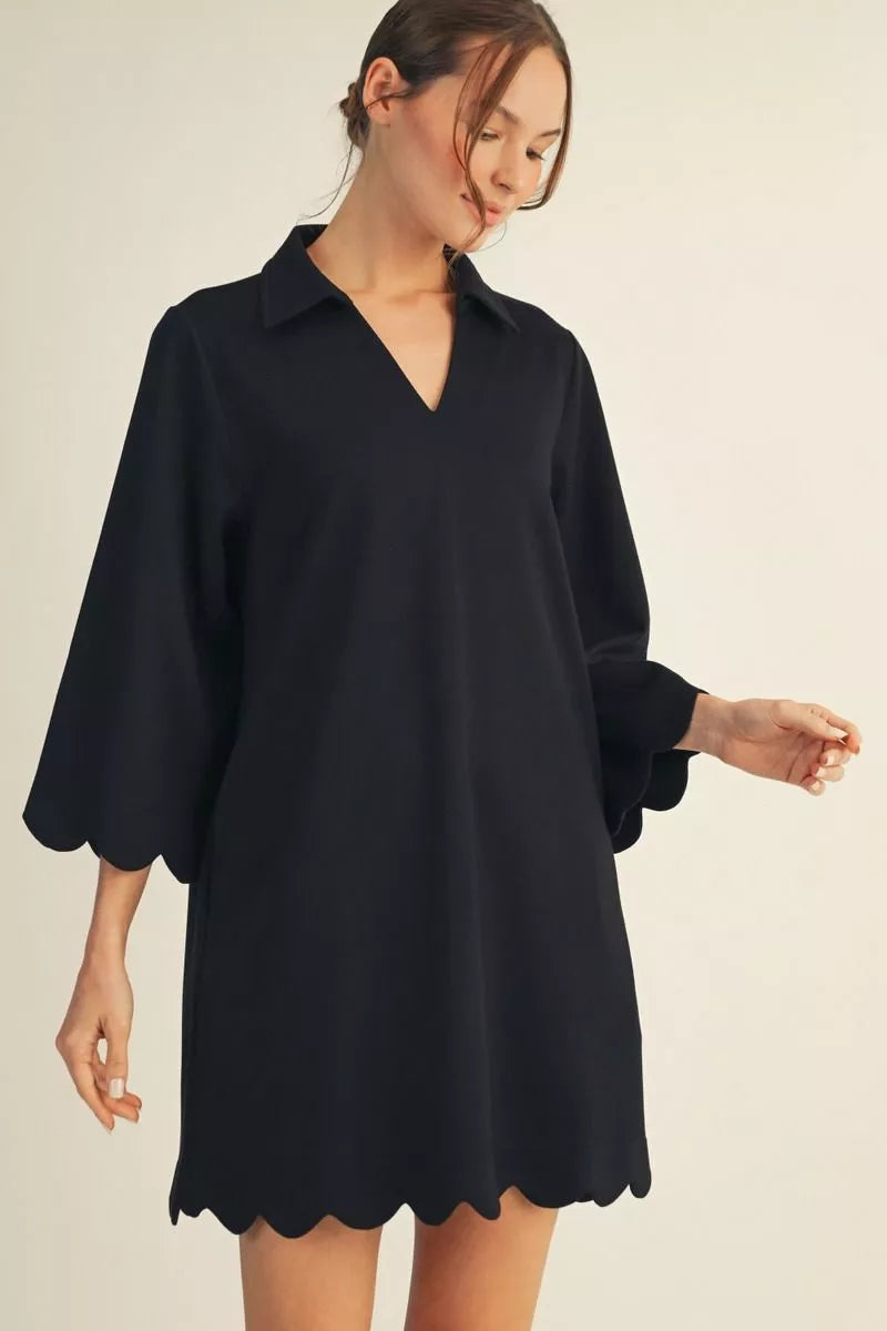 Black 3/4 Sleeve Scallop Hem Dress