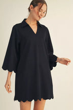 Black 3/4 Sleeve Scallop Hem Dress