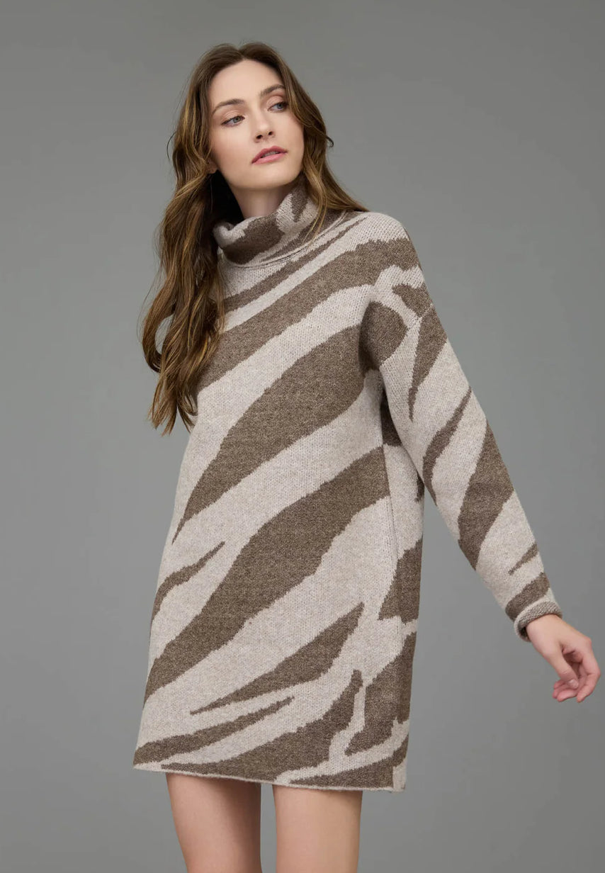 Zebra Print Turtleneck Sweater Dress