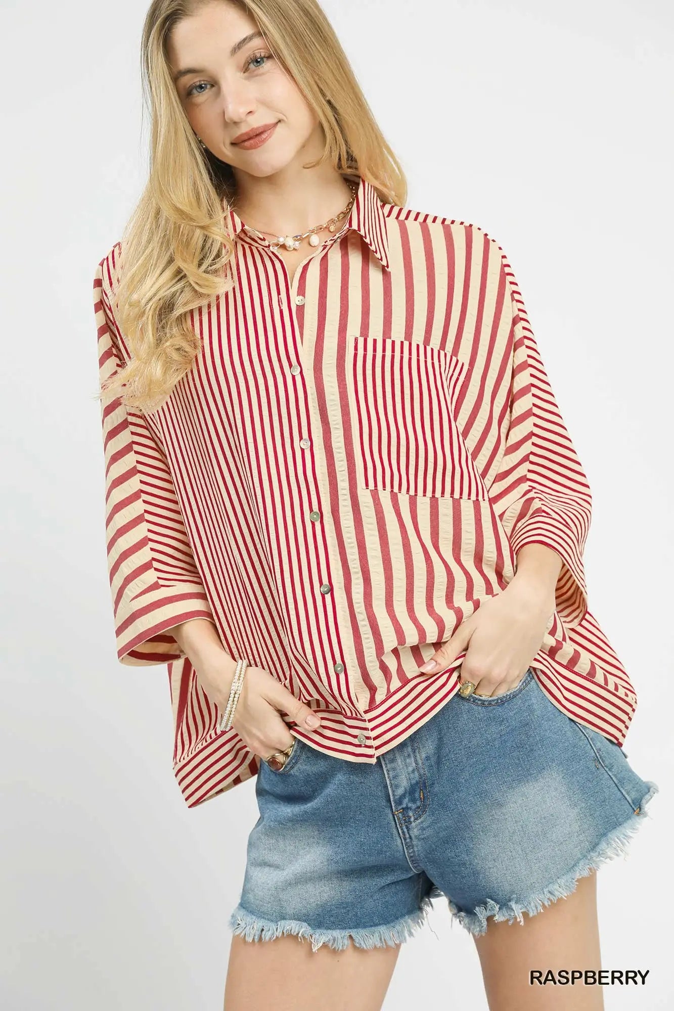 Raspberry Mixed Stripe Button Down
