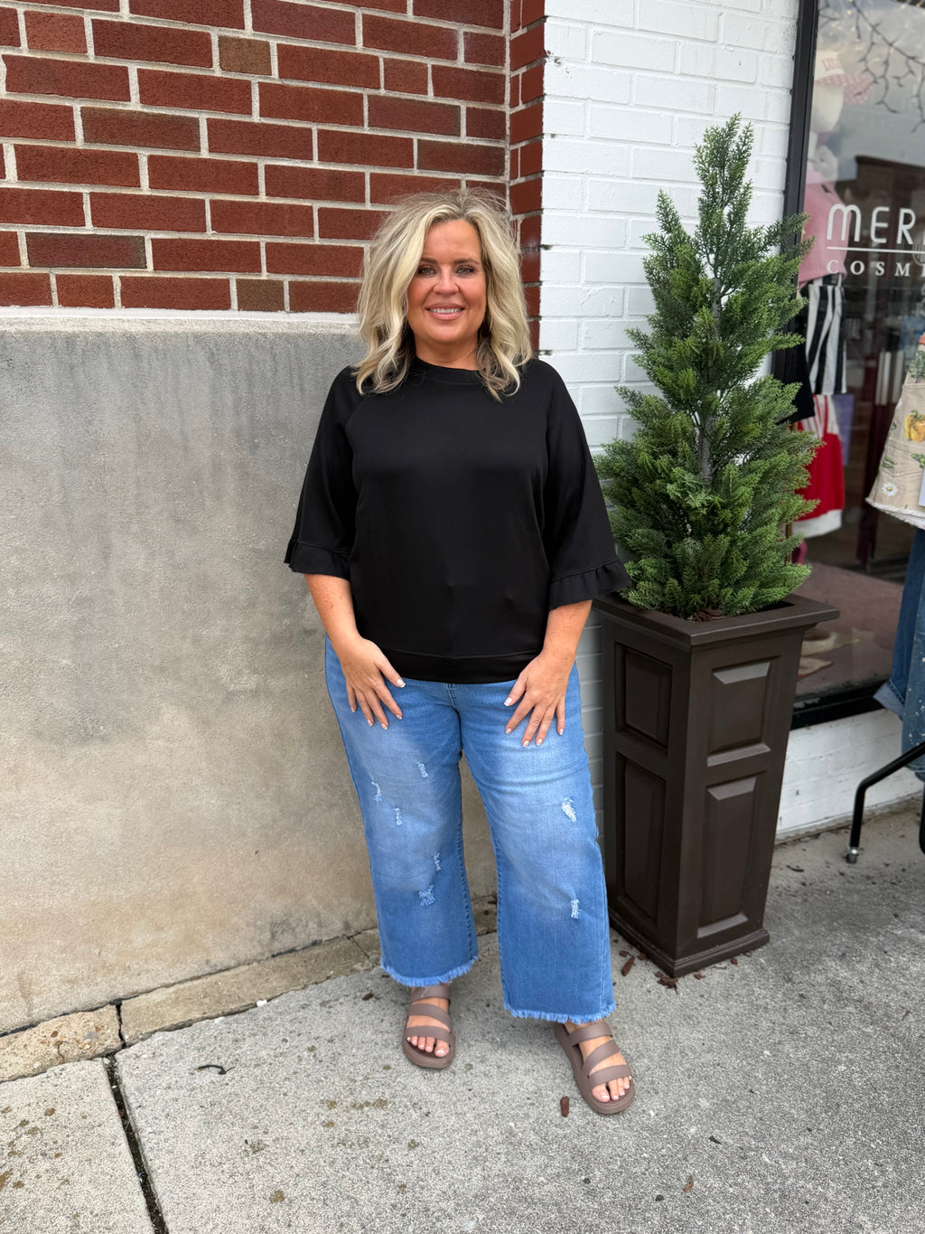 Black Ruffle Tier Sleeve Top
