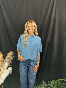 Blue Half Button Top