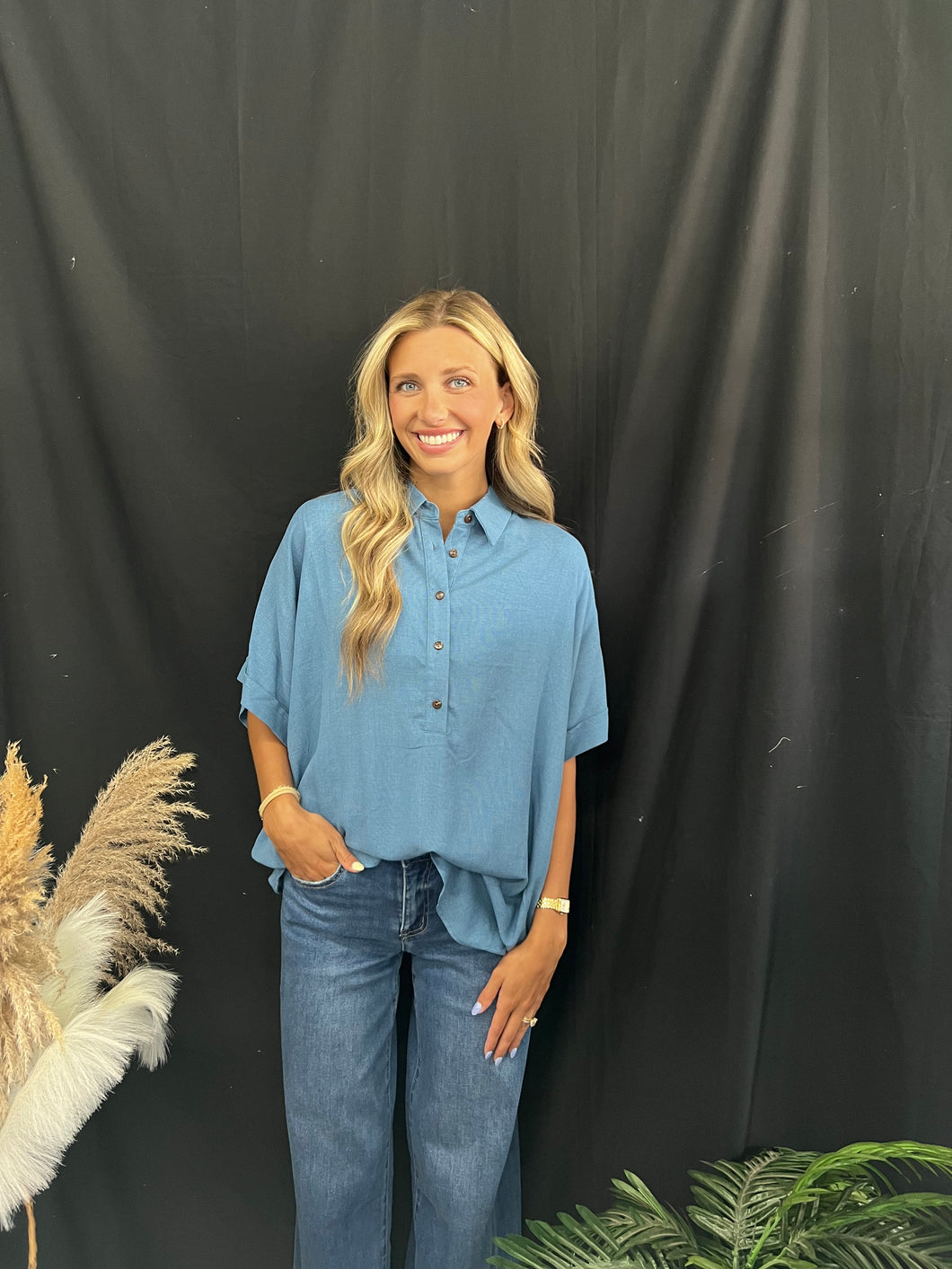 Blue Half Button Top